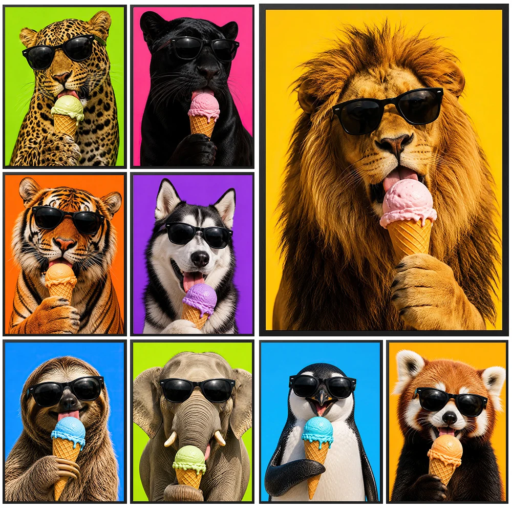 Colorful Cute Animal Ice Cream Wall Art Print, Cool Animals Wear Sunglasses Poster, Funny Tiger Husky Penguin Canvas Painting