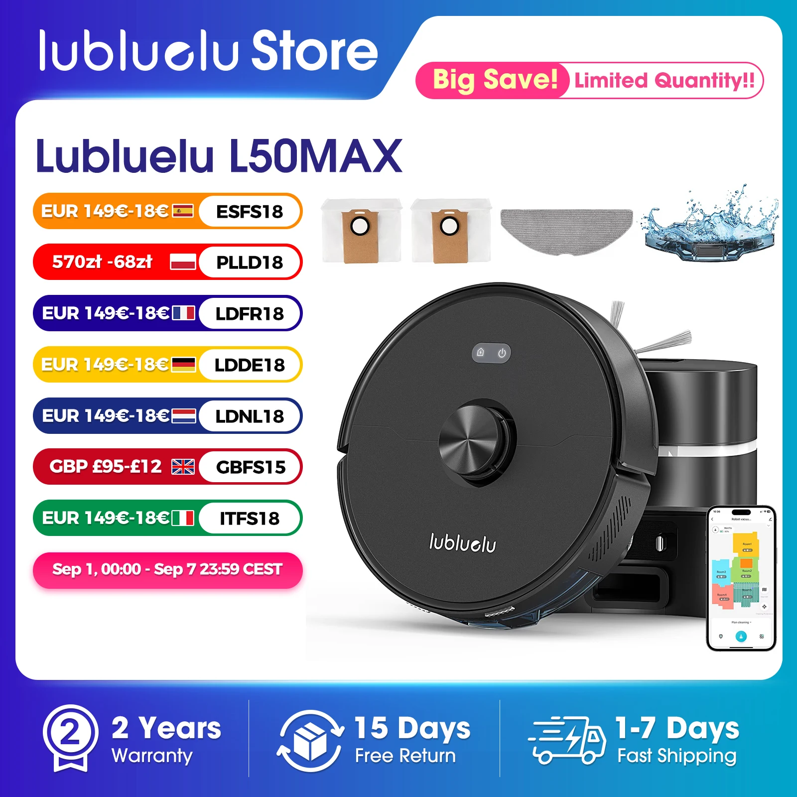 Image of Lubluelu L50 MAX Intelligenter Saug- und Wischroboter, 7000Pa Super-Saugkraft, Fortschrittliche Navigation mit 360°-Funktion ° Lidar, 180 Minuten, kein Verheddern mit Haarschneidefunktion,