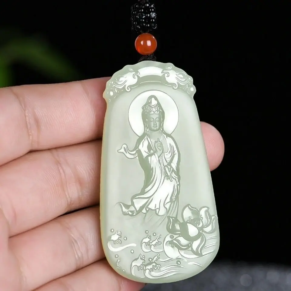 Natural Hetian Jade Lotus Guanyin Pendant Unisex Elegant High Grade Ornament Holiday Gift