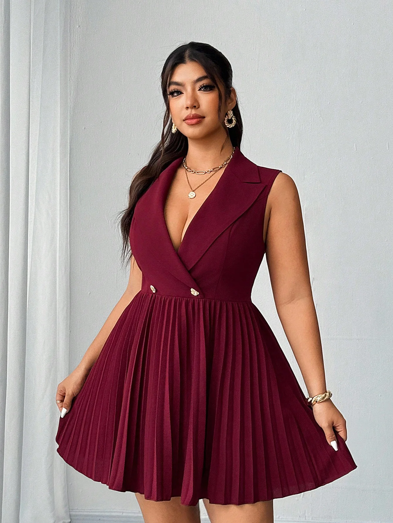 

Plus Size Womens V Neck Sleeveless Pleated Mini Dress A Line Party Dress Elegant Cocktail Dress Work Office Casual Daily Outfit