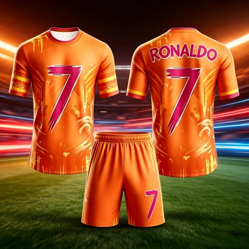 Summer New Ronaldo #7 Football Sports Jersey Graffiti 3D Printed Men Women T-shirt and Shorts Set Quick Drying Family Kids Tees