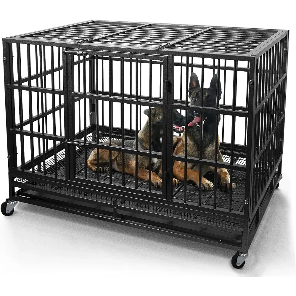 48/38 Inch Heavy Duty Dog Crate Cage Kennel with Wheels,High Anxiety Indestructible, Sturdy Locks Design,Door and Removable