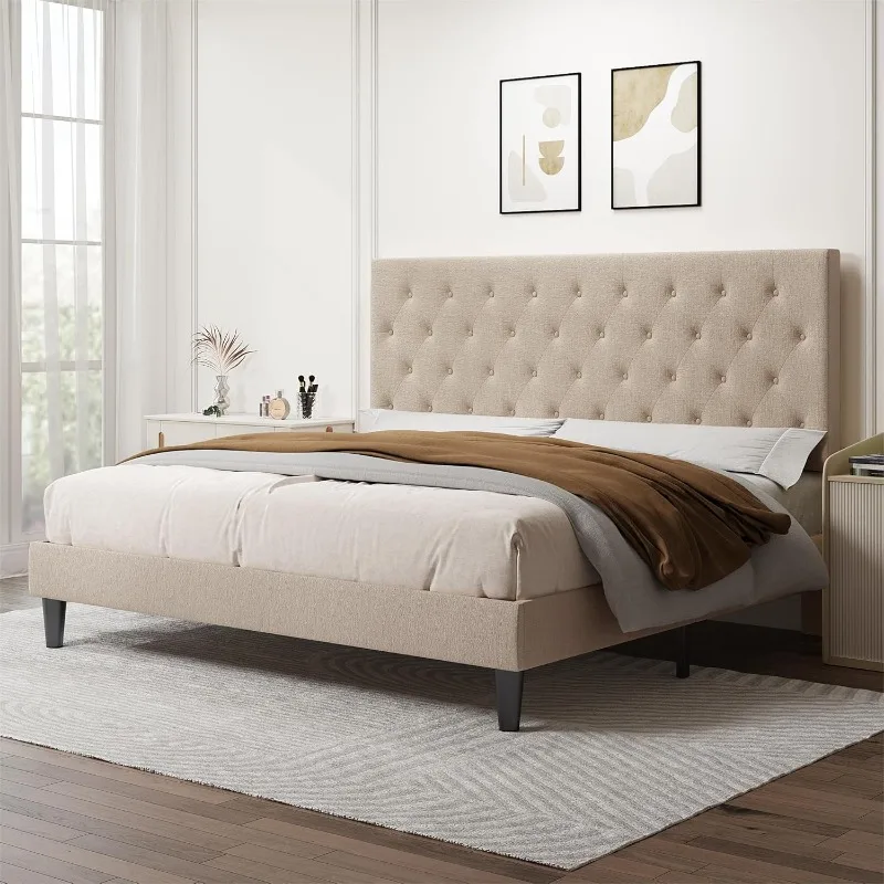 Kingsize Bedframe Met Verstelbaar Hoofdeinde, Met Stof Gestoffeerd Platform Bedframe, Houten Lamellensteun, Geen Boxspring Nodig, Beige