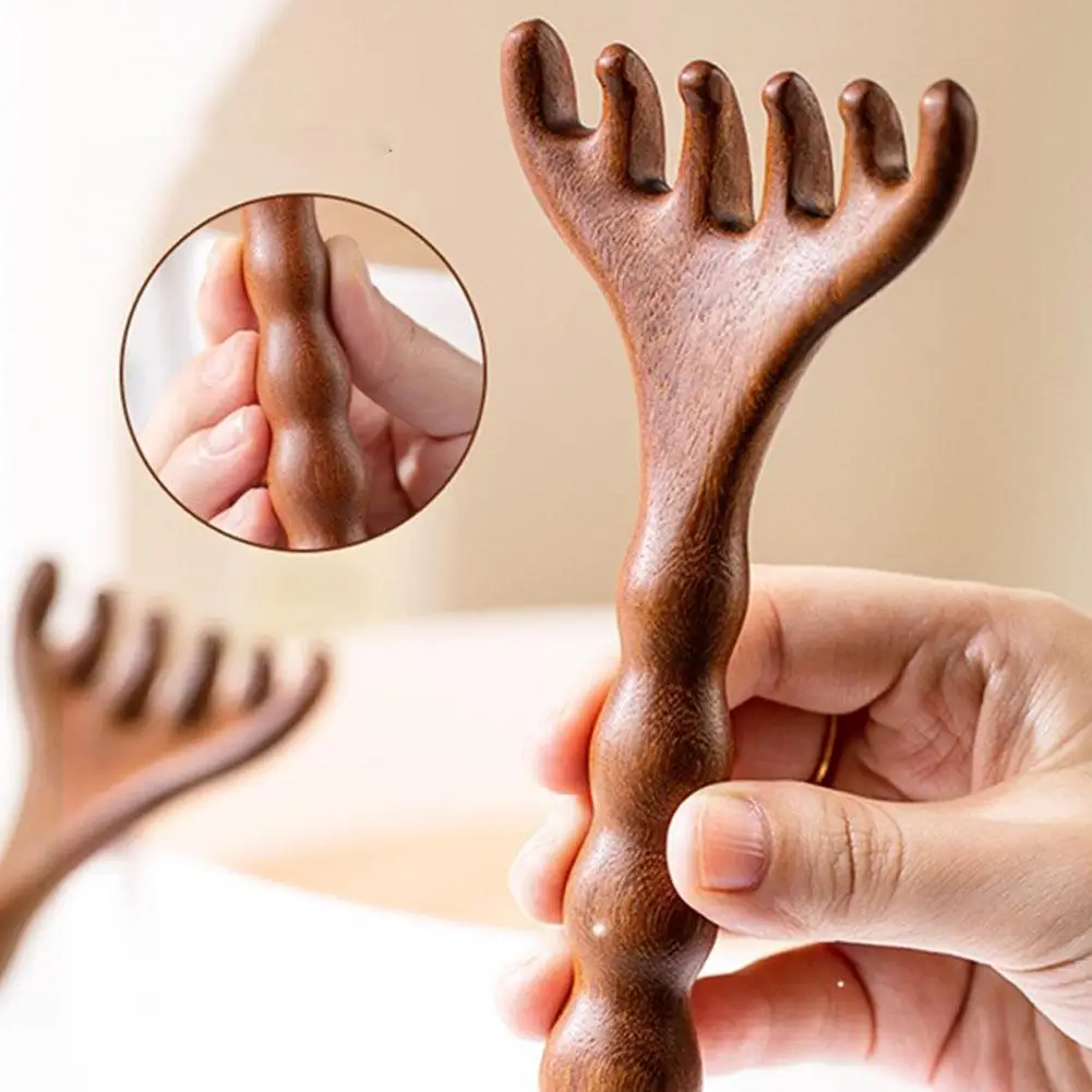 Head Meridian Massage Comb Anti-static Natural Wooden Wide Tooth Six-Claw Gua Sha Tool Scratcher Spa Promote Blood Circulation