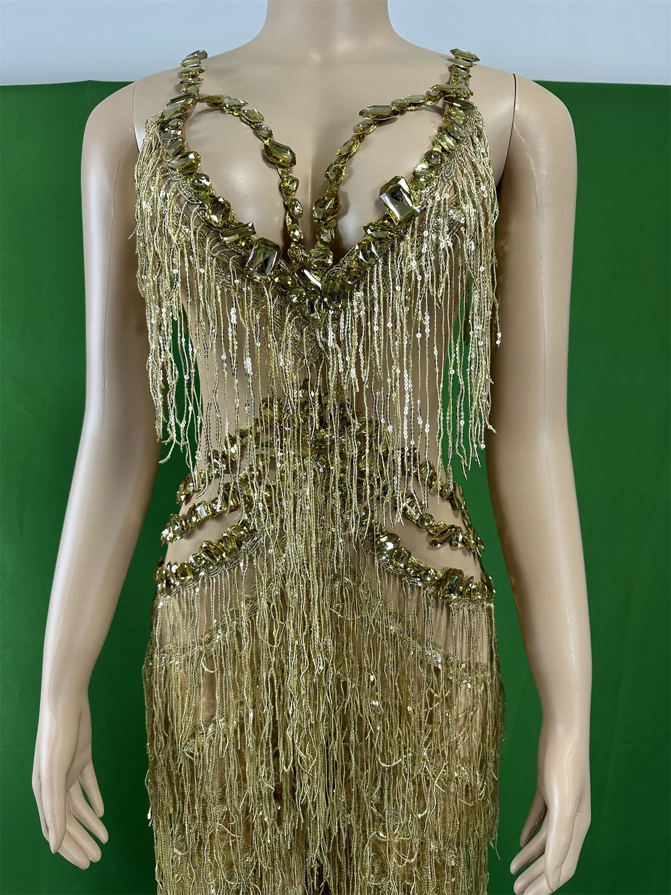 Damskie złote kombinezony z frędzlami z dżetów, seksowne stroje taneczne DJ DS Gogo Drag Queen, kostiumy rave na festiwal, bezrękawnikowe body 2025