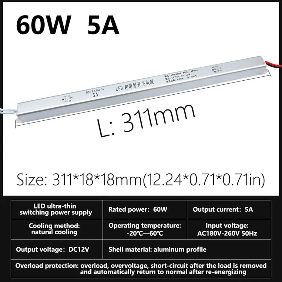 DC12V/24V Ultradünnes Schaltnetzteil 12W 24W 36W 60W 72W AC220V Beleuchtungstransformator 1A 1,5A 2A 2,5A 3A 5A 6A LED-Treiber – Detail 4