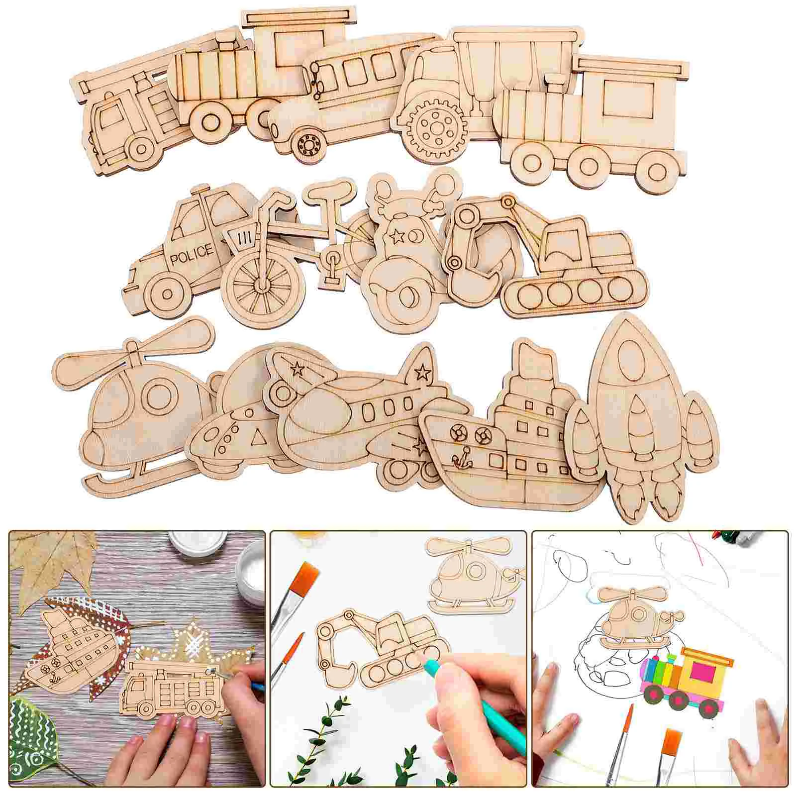 Wooden Vehicle Slices for : 50Pcs Unpainted Truck, Car, , Excavator, Helicopter Cutouts