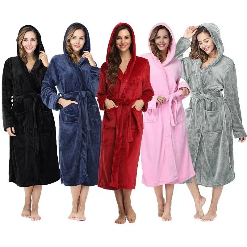 

Flannel Bathrobe Hooded Long Plush Bathrobe Belted Warm Fleece Bathrobe Solid Color Cozy Robe For Women Soft Sleepwear