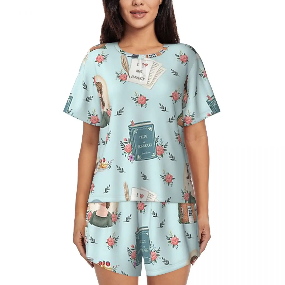 

Ночная рубашка с круглым вырезом и короткими рукавами в стиле Джейн Остин из фильма «Гордость и предубеждение» для женщин, мягкий пижамный комплект с короткими штанами