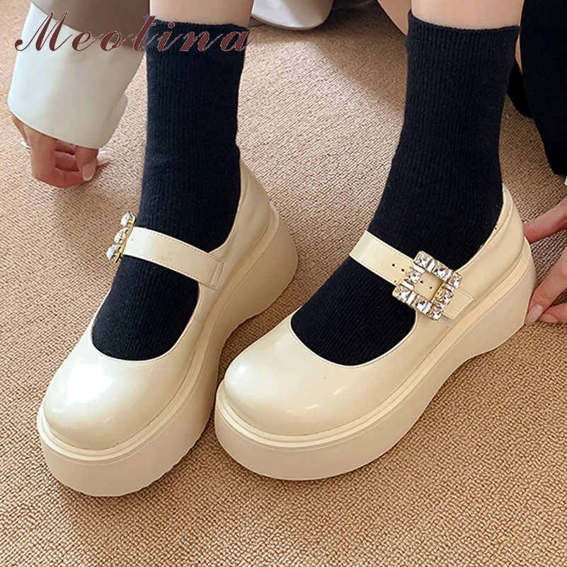 

Meotina Women Genuine Leather Round Toe Platform Block Mid Heels Crystal Ladies Fashion Casual Pumps Autumn Spring Beige Shoes