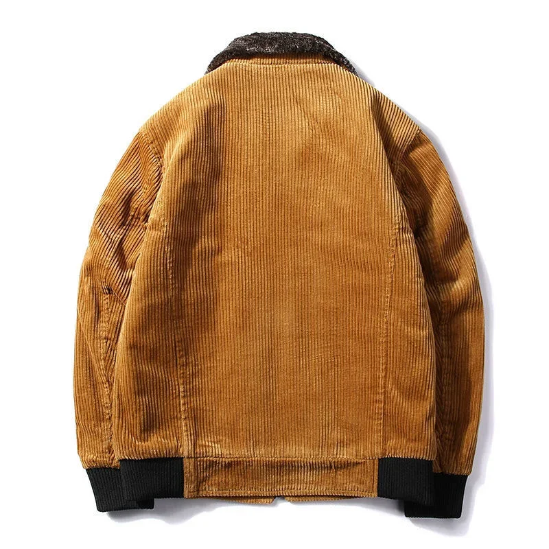 Treesolo Male Thermal Windbreaker Plus Size Men's Warm Winter Corduroy Jackets and Coats Fur Collar Winter Casual Jacket Outwear