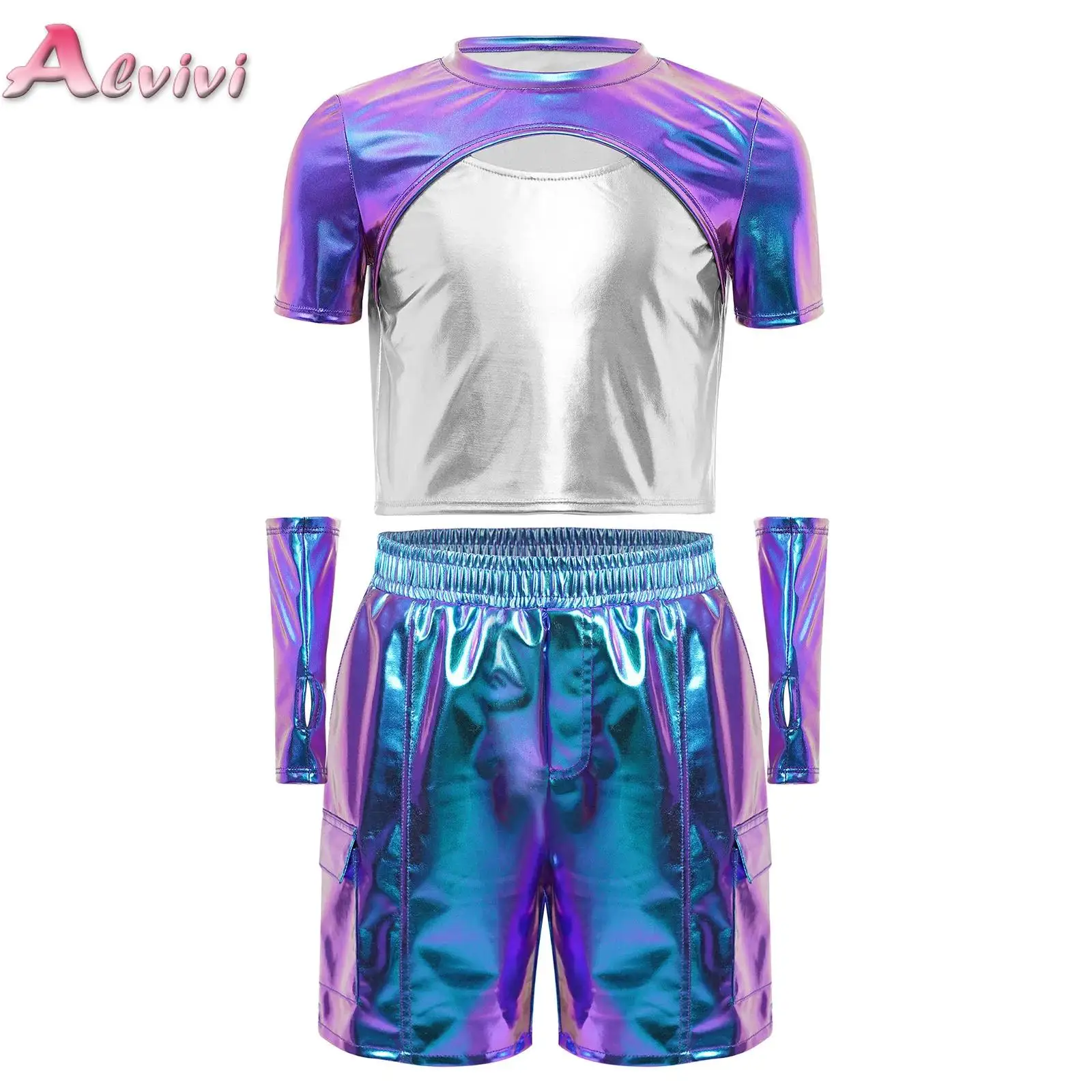 

Kids Girls Hip-Hop Jazz Dance Performance Outfit Short Sleeve Cutout Metallic Top with Gloves and Cargo Shorts Dancewear Set