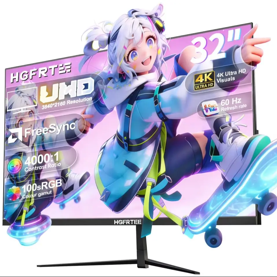 HGFRTEE 32-Zoll-UHD-4K-Flachbildschirmmonitor, 3840 x 2160 VA-Panel, AMD FreeSync, rahmenloses Gaming-Display mit geringem Blaulichtanteil und VESA