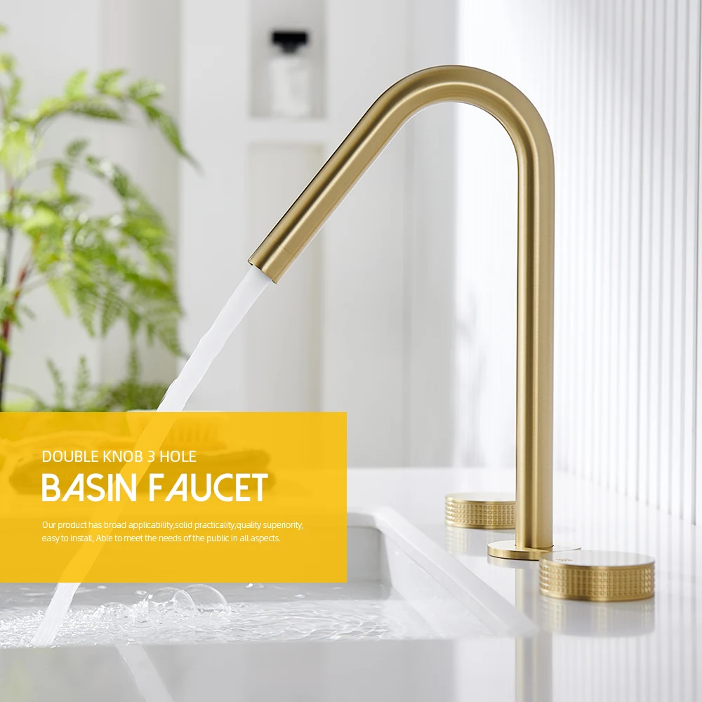 3PCS Brushed Gold Basin Faucet Hot and Cold Mixer Desk Mounted Bathroom Tap Knurled Handles 3 Holes Widespread Faucet