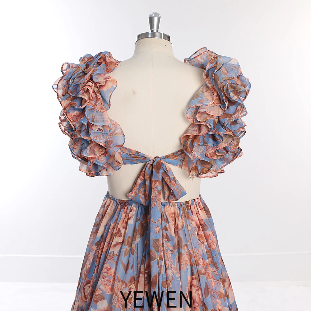 Print Floral Chiffon Evening Party Dress Photo Shoot Photography Woman Maxi Gown With Long Train YEWEN YW231023