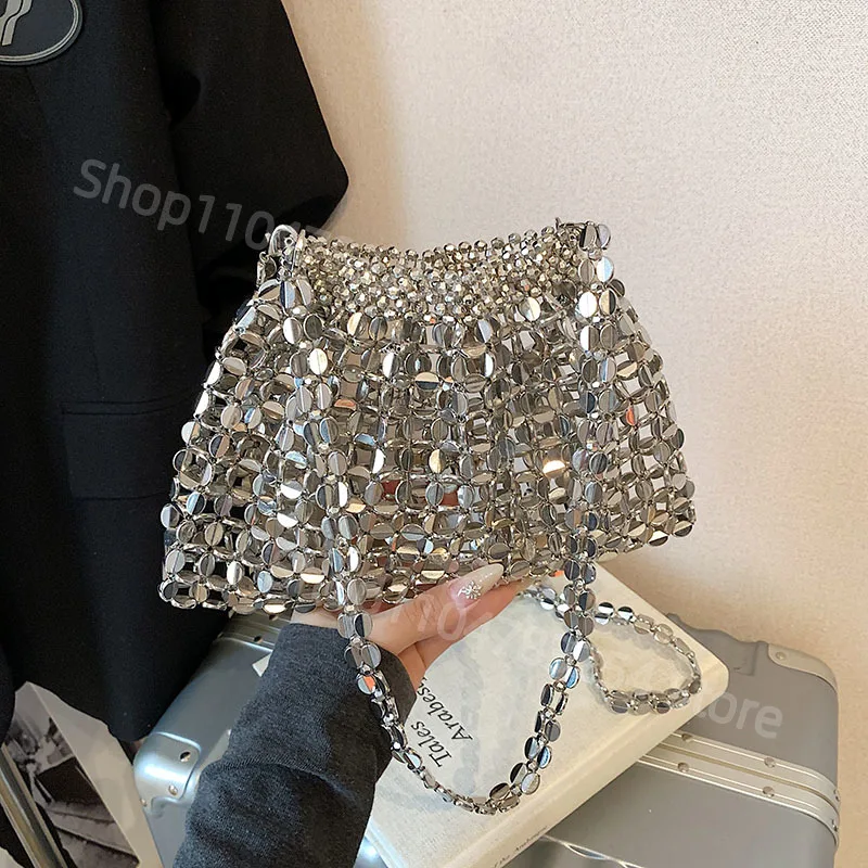 

2025 Summer New Hollow Out Exquisite Beaded Square Shoulder Bags Compact Sense of Luxury Sliver Super Cool Women's Crossbody Bag