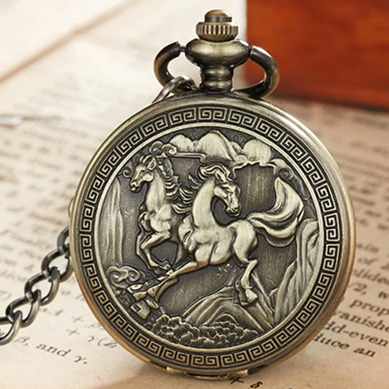 

Luxury Horse Mechanical Clock Vintage Man Pocket Watch with Fob Chain Steampunk Skeleton Watches for Men Chinese Factory Pendant