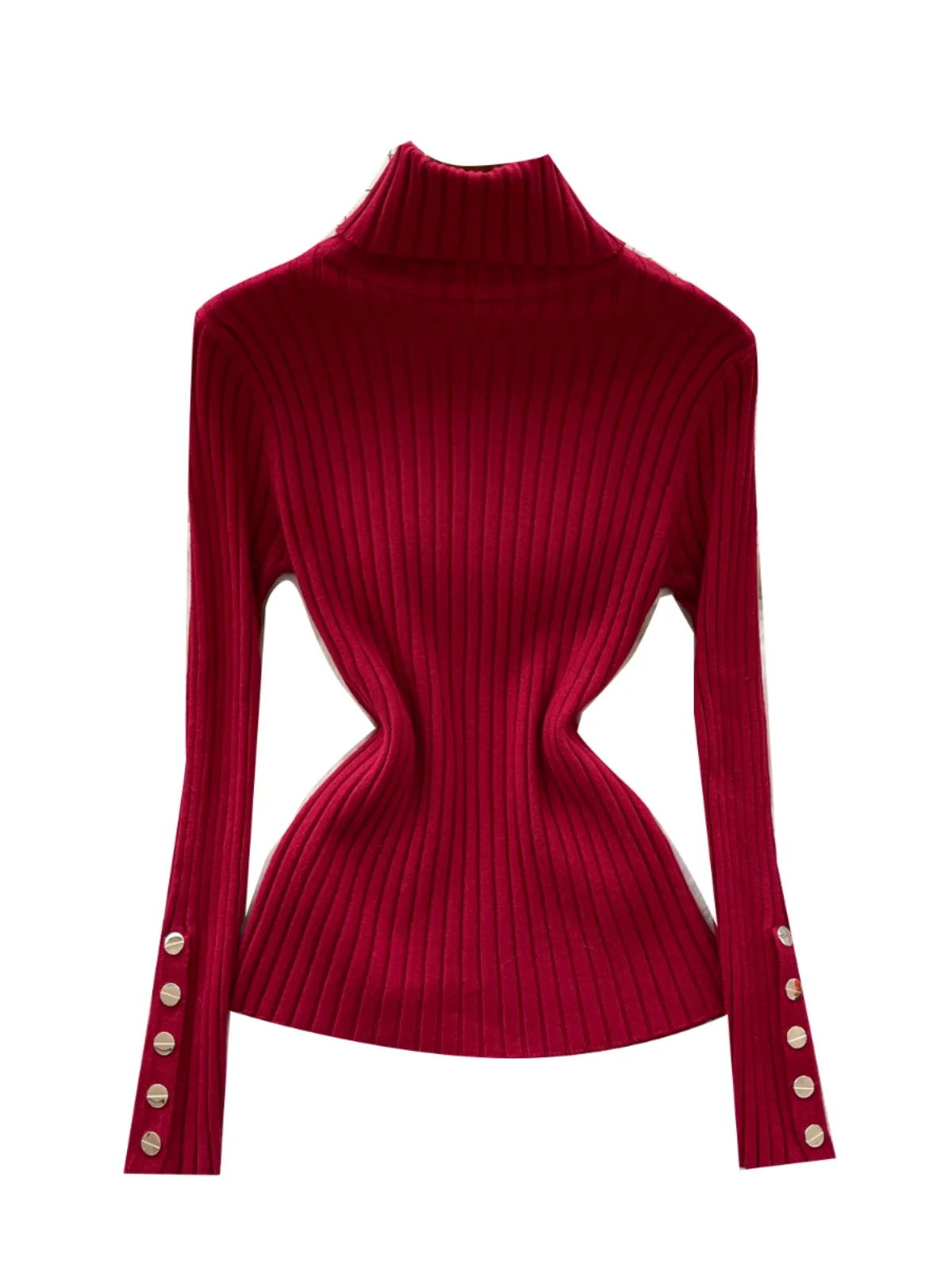 Slim Fit Long Sve Knitted Sweater Women's Metal Button Neline Vertical Stripe Pattern Versatile Base Layer Top