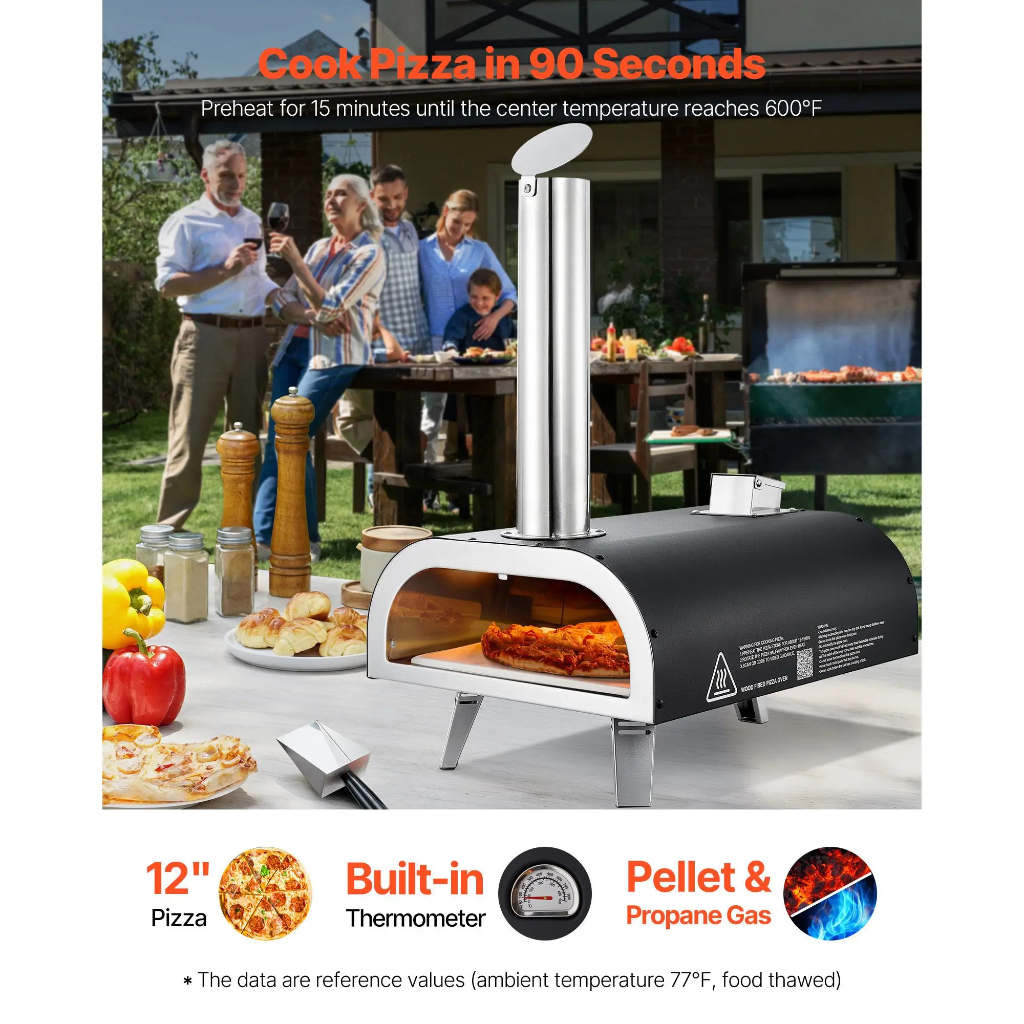 12 in Dual Fuel Pizza Oven Outdoor, Wood Fire & Propane Gas Pizza Oven, Portable Pellet & Propane Pizza-Maker with Thermometer, Iron Spray Black Shell Pizza-Cook for Outside Camping & Backyard