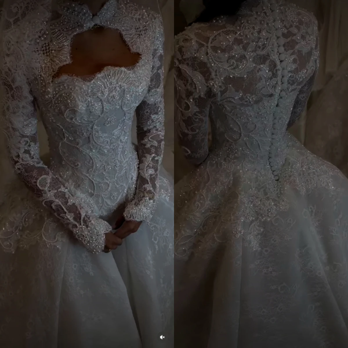 Hochgeschlossenes Brautkleid mit Schlüsselloch-Ausschnitt und Langen Ärmeln aus Spitze, Schwer Perlenbesetztes Ballkleid, Luxuriöses Vintage-Brautkleid, Maßgeschneidertes Vestido De Novia