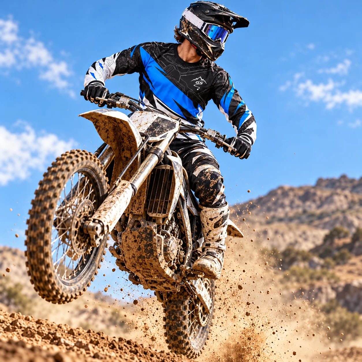 GS Men's Long Sleeve Motocross Jersey, Motorcycle Racing Shirt, Quick Dry Sports Top, Blue Black White Graphic