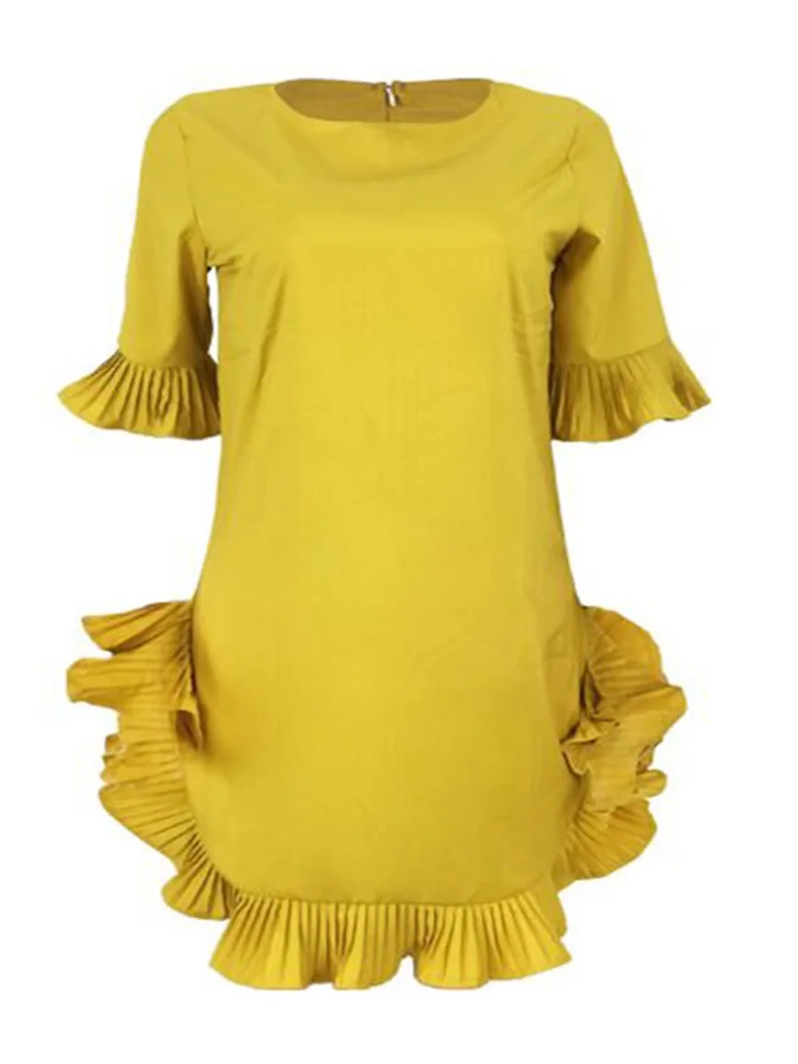 LW Sweet Plain Dresses Ruffle Design Yellow Blending Mini Dress Short-sleeve Back Zipper Flare Sleeve Yellow Fashion Streetwears