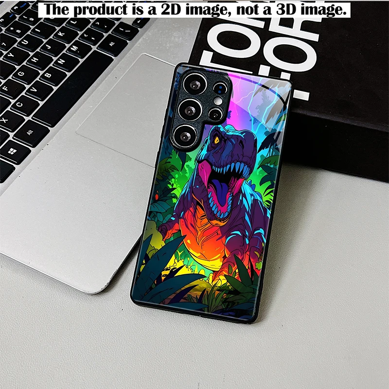 Neon Jungle T-Rex Phone Case,2D Print Black Glass Cover For Samsung S & A Series,Shockproof Protective Shell