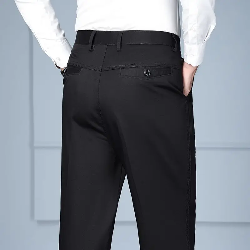 

Модные мужские весенние свободные прямые брюки из эластичной ткани, классические универсальные однотонные повседневные брюки, мужские повседневные деловые брюки