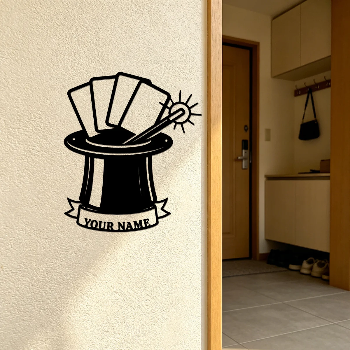 Custom Name Magician Metal Wall Art Top Hat Poker Cards Magic Wand Wall Sign Personalized Game Room Decor Living Room Wall Decor