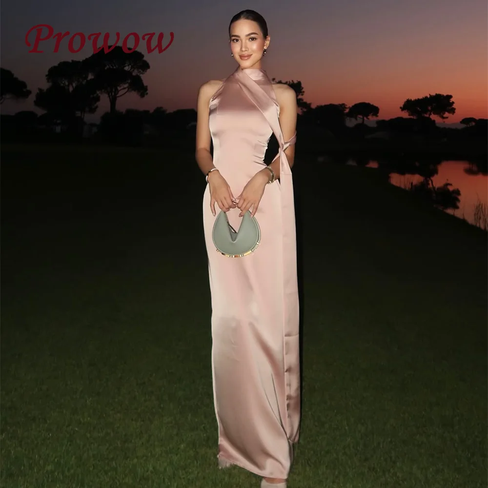 

Prowow Elegant Pink Silk Satin Formal Evening Dresses Halter Sleeveless Homecoming Dresses with Scarf Customized Occasion Gowns