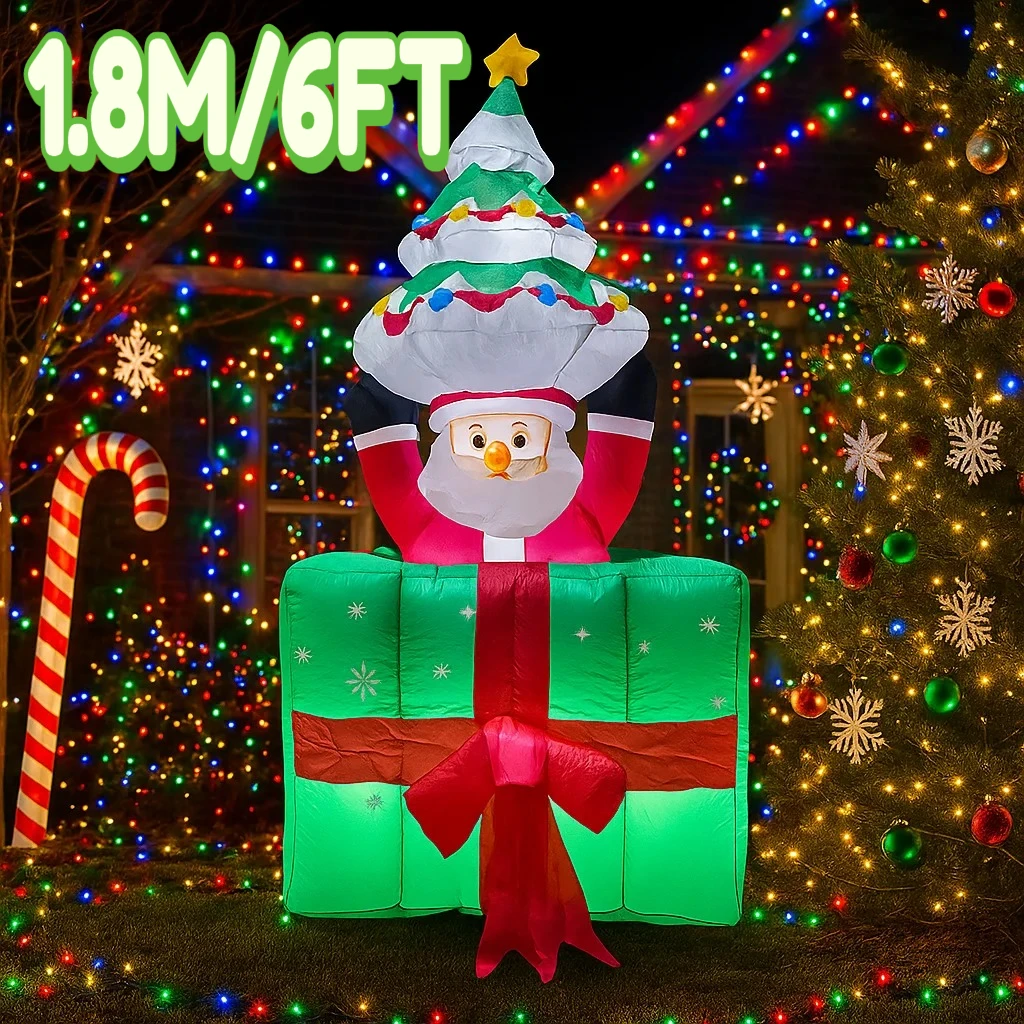 1.8M/6FT Christmas Decorations Inflatable Toy Santa Claus Gift Box Tree Home Yard Xmas LED Light Decor Christmas Party Toy