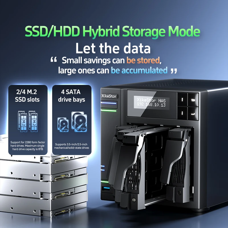 XikeStor DIY NAS Server 4-Bay SATA 4x M.2 NVMe SSD 2.5GbE تخزين منافذ LAN المزدوجة للمكتب المنزلي