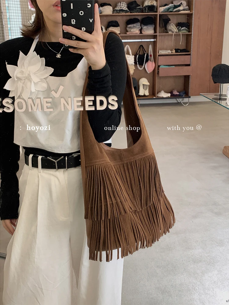 

Leather matte tote fringed bag, women's 2025 autumn shoulder bag