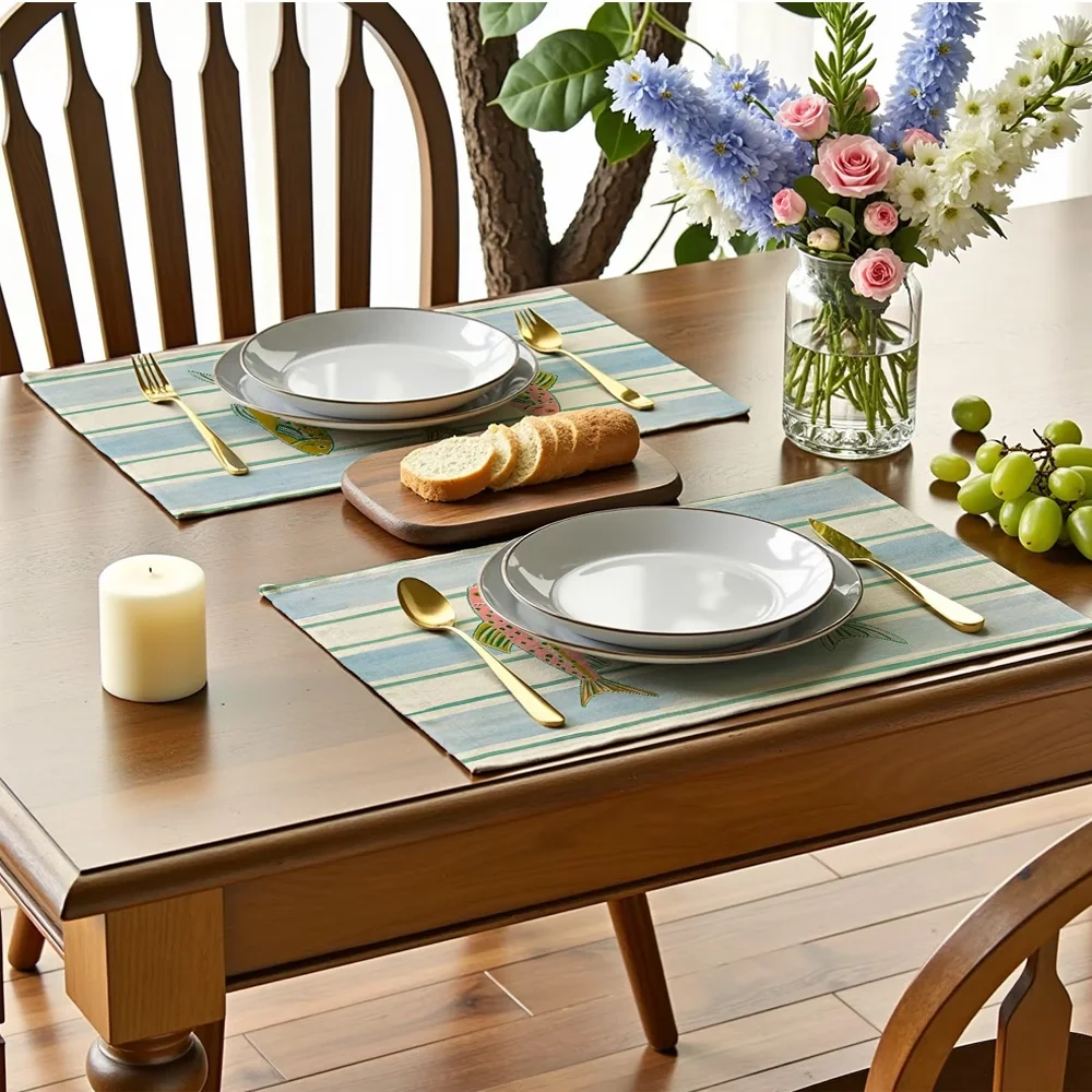 4Pcs Colorful Fish-Themed Placemats, Featuring a Unique Design of Three Fish and a Water Wave Background, Suitable for Various Kitchen Decorations Perfect Holiday Kitchen and Home Party Decorations