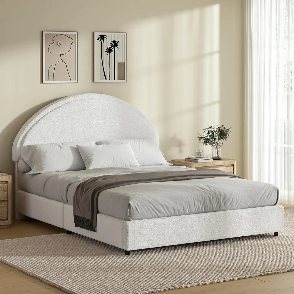 Queen Bed Frame with Round Headboard, Boucle Upholstered Bed Frame, White Boucle Bed Frame, Soft Arch Shaped Modern Style