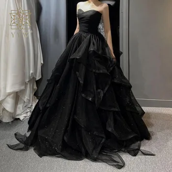 블랙 우아한 웨딩 파티 드레스 Strapless Tiered Draped Prom Robe 2024 패션 볼 가운 공식 드레스 여성 댄스 파티 드레스