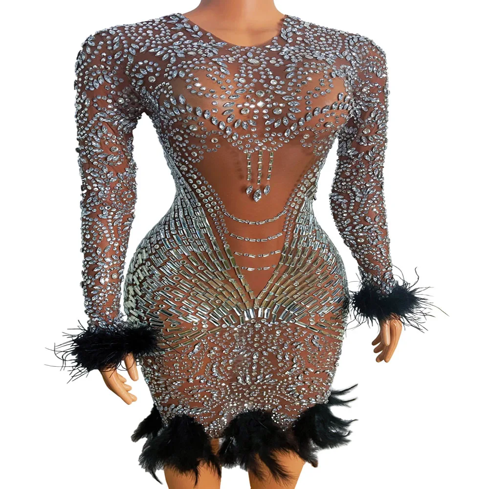 

Evening Birthday Celebrate Dress Stretch Outfit Luxury stage show Black Feather Party Dress