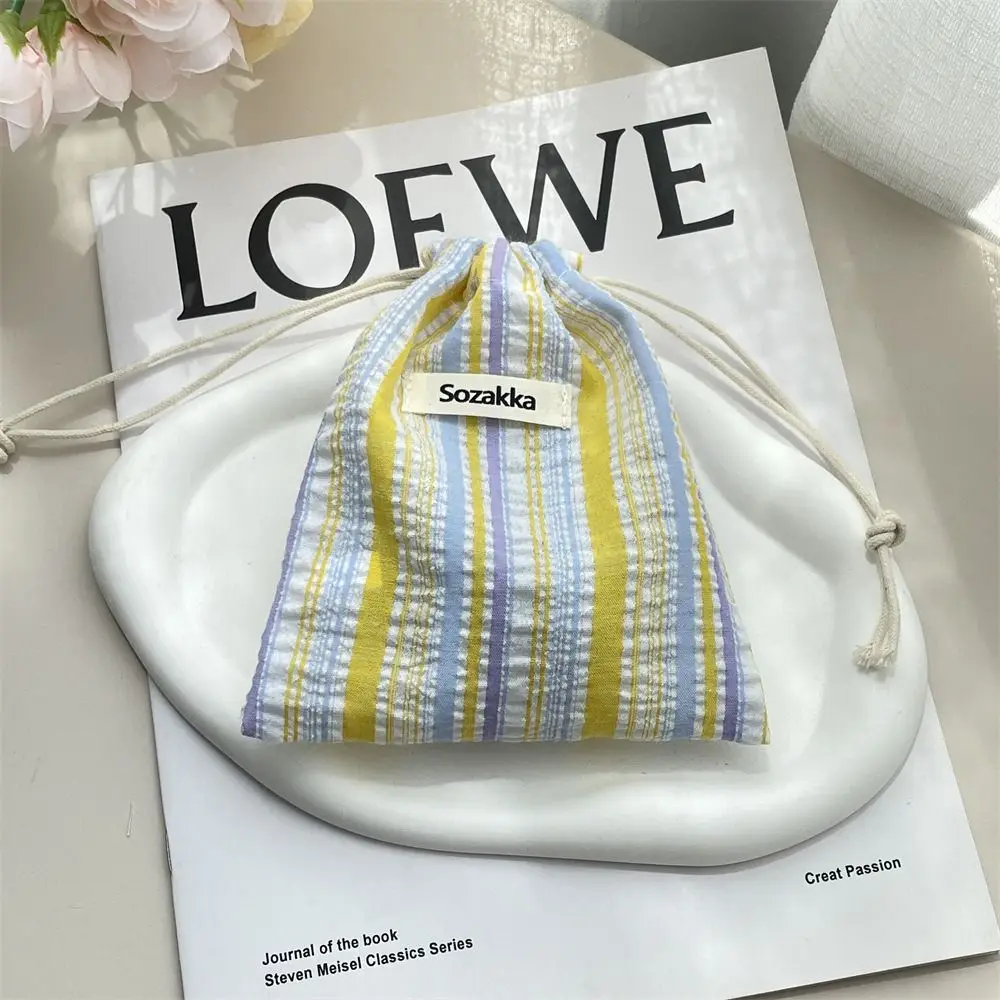 Simple Change Bag Stripe Drawstring Storage Bag Coin Purse Canvas Makeup Bag Small Storage Bag Handbag Cosmetics Bag Student