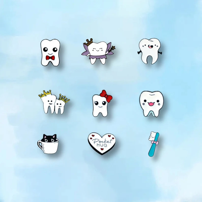 

Cute Teeth Enamel Brooch Bow Hairpin Tooth Crown Toothbrush Cartoon Metal Badge Punk Clothing Lapel Pin Jewelry Accessories Gift