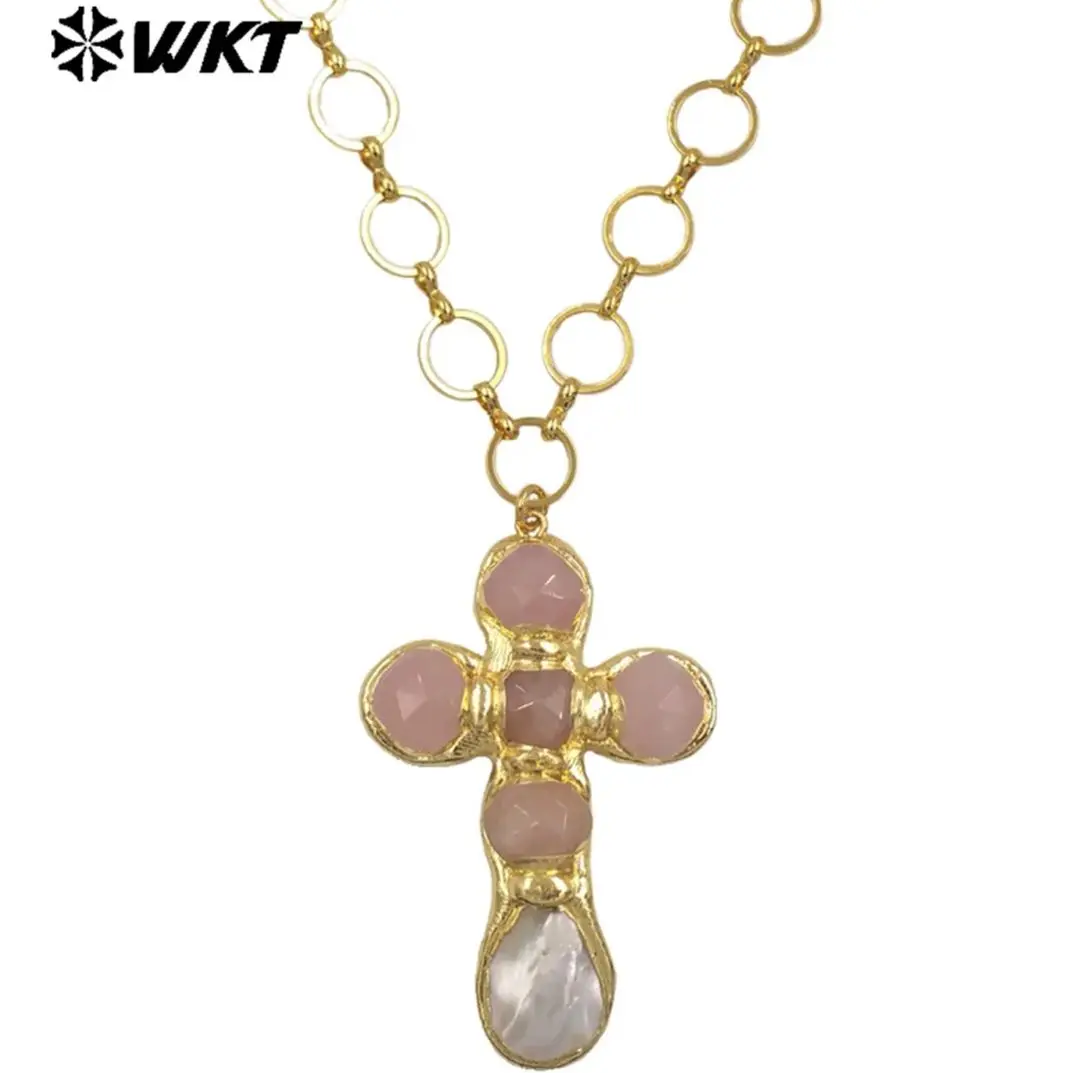 

WT-JN374 Red Jade Amethyst&Pink Crystal Colored Gemstone Long Cross Pendant 18k Gold Plated O Letter Chain Necklace