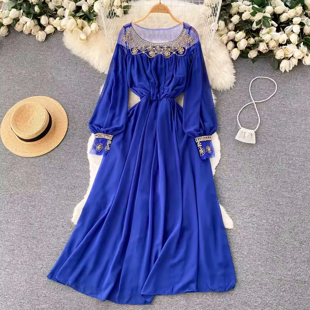 

Runway Luxury Designer Women's Party Dress Elegant Summer Autumn White Chiffon Metal Beading Rivet Lantern Sleeve Long Vestidos