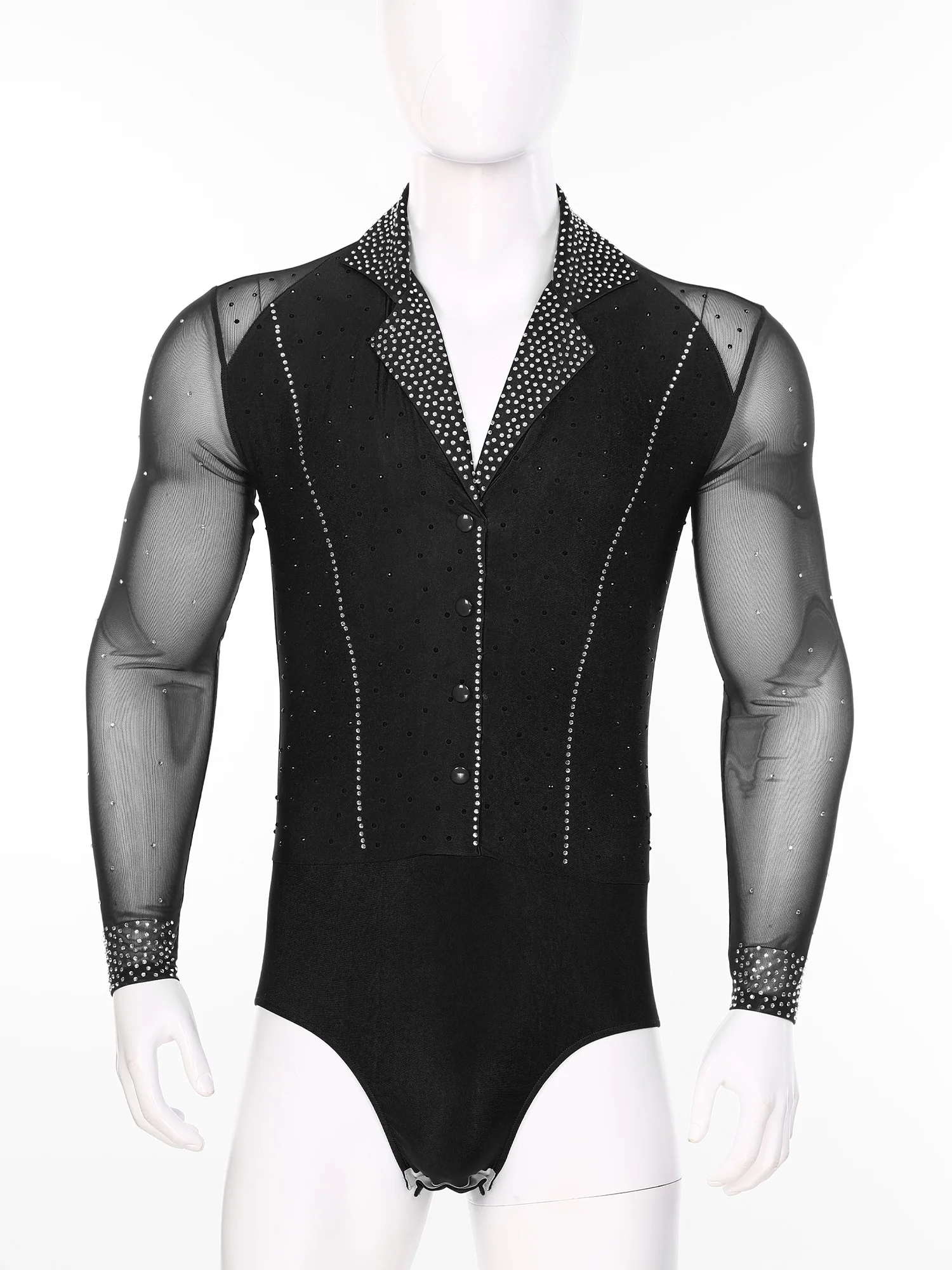 Mens Latin Tango Ballroom Dance Leotard Long Sleeve Lapel Collar Sheer Mesh Patchwork Sparkly Rhinestone Bodysuit Jazz Dancewear