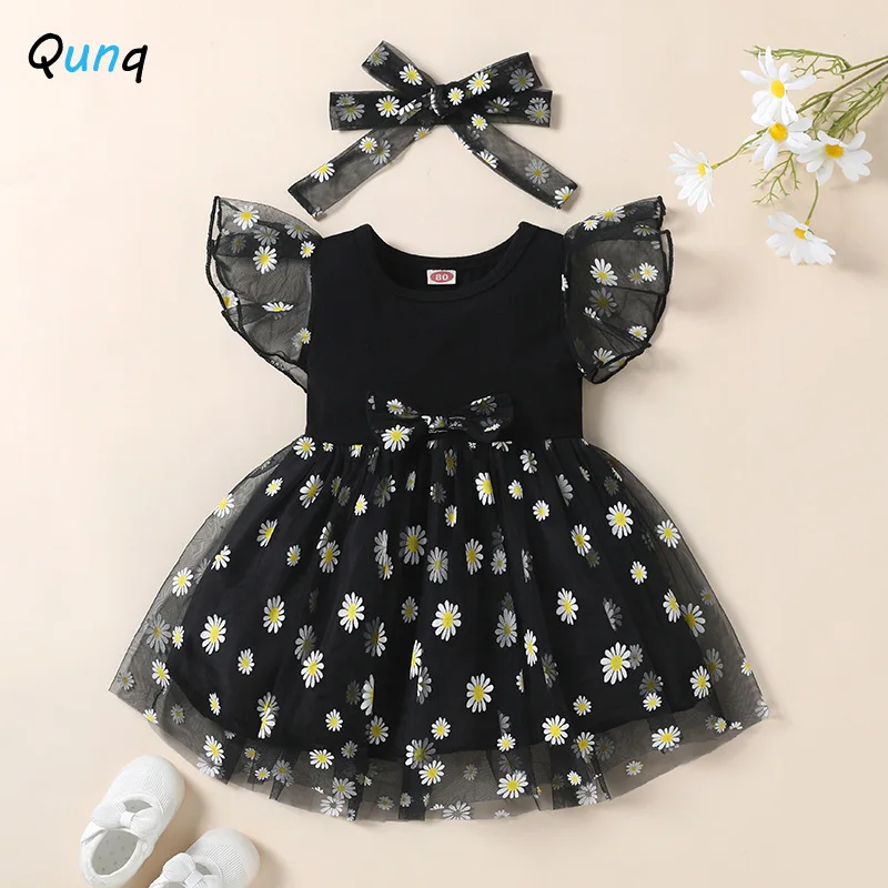 

Qunq 2022 New Summer Girls' Mesh O-neck Floral Print Lace Petal Sleeve Dress Birthday Party Lovely Princess Dresses Age 1T-3T