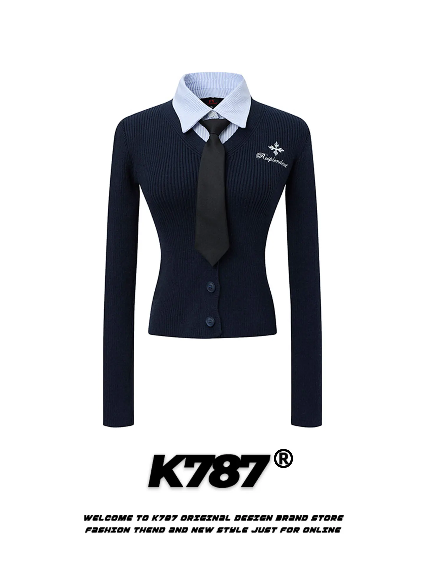 

K787 Korean Sweet Spicy Sle Embroidered Knitted ort Slim Fit Women's Sweater Fake Two-Piece Turn-down Collar Cardigan