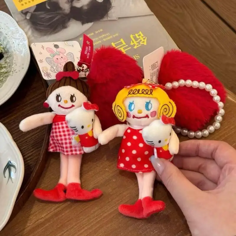 

New Sanrio HelloKitty curly hair plush keychain Girl series Brown meatball hairstyle plush doll Kawaii Bag Zipper Decoration toy