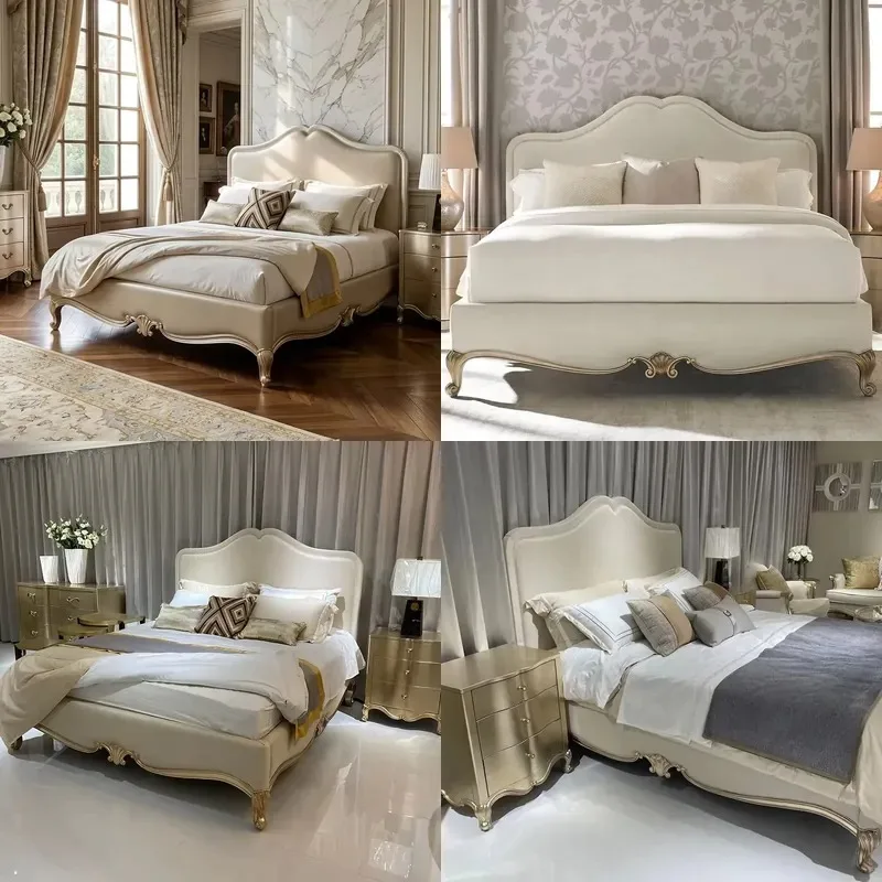 French Court Style Solid Wood Bed Frame with Elegant Gold Foil Upholstered Headboard Luxurious Bedroom Furniture