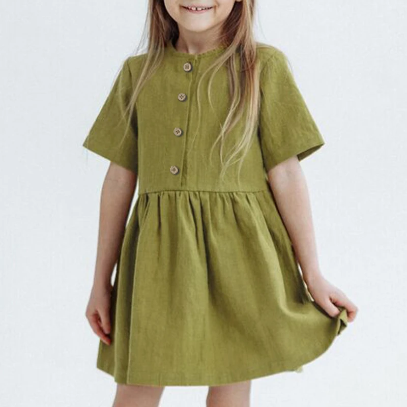 Summer Girl\'s Ramie Short-Sleeved Dress Vintage New Baby Kids Casual Soft And Breathable Loose Dresses With Buttons