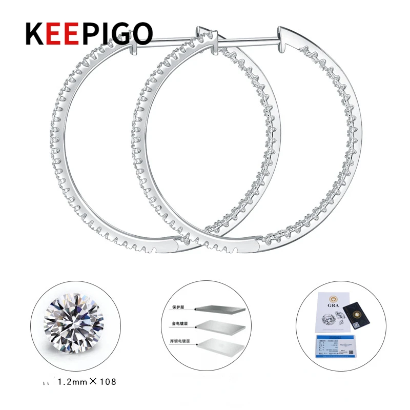 KEEPIGO Real S925 Sterling Silver Moissanite Hoop Earring For Women Sparkling Earrings Fine Jewelry