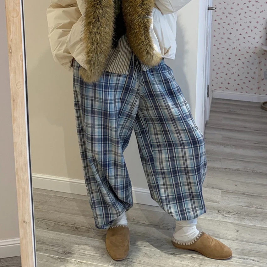 

Женские винтажные брюки Linad в клетку с эластичным поясом и карманами, весенние повседневные свободные брюки в клетку, модные широкие брюки 2026