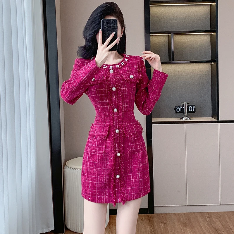 New High Quality Rose Red Plaid Tweed A Line Dress Fashion Women Autumn Pearls Beaded Tassel Long Sleeve Slim Bodycon Vestidos